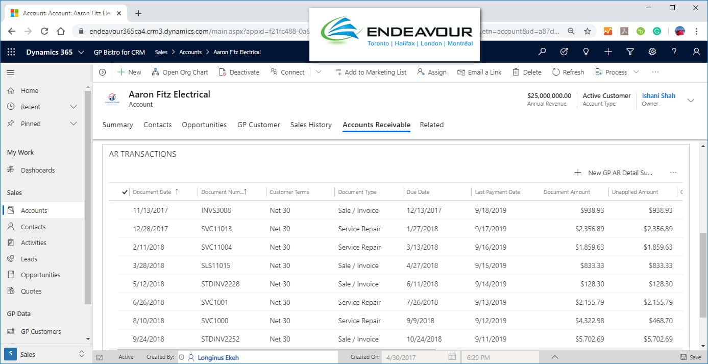 Screenshot of GP Bistro in Dynamics 365 CRM