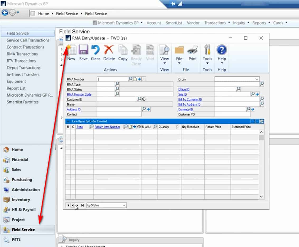 Dynamics GP RMA screen in Field Service